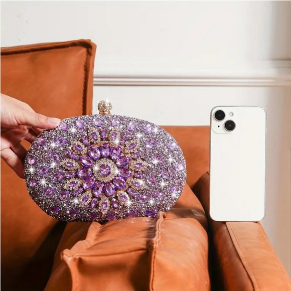 Flower Pattern black Rhinestone gold Metal Chain Handbag evening Clutch 8.2"x 5" - Picture 6 of 9